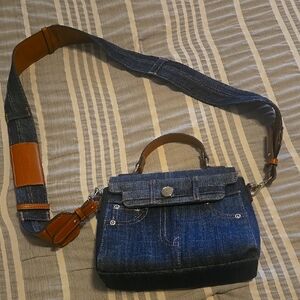 True Religion Denim Crossbody Bag with Brown Accents